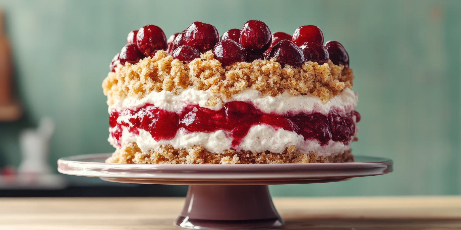Delicious cherry crumble cake displayed on a cake stand with vibrant red cherries and creamy layers in an inviting kitchen setting